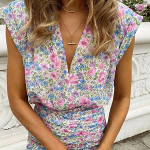 Zara Watercolor Floral Draped  Deep V Neck Plunge Bodysuit Sz Small